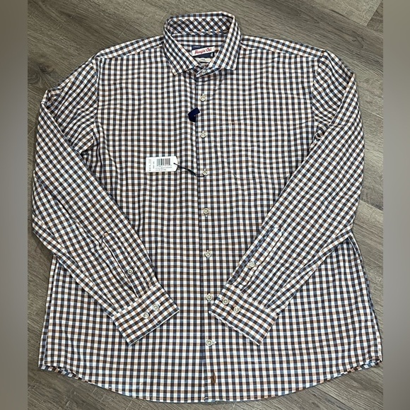 NWT Johnnie-O Large Hangin’ Out Havana Wooster Small Check Plaid Designer Shirt - Picture 1 of 8